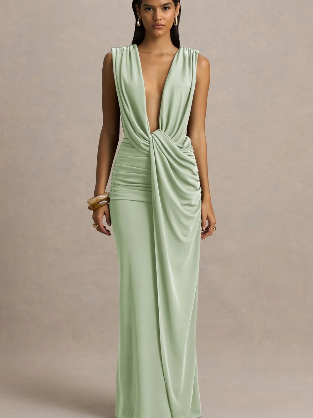 SERAFINA Club L London Sage Green Plunge Draped Maxi Dress - Picture 4 of 4